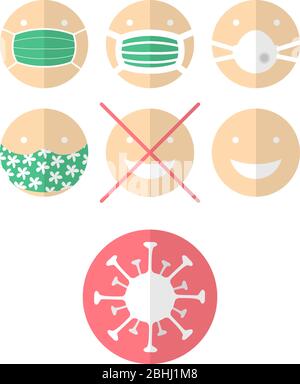 Satz von Symbolen oder Briefmarken mit Menschen, die medizinische Maske tragen. Vektor für Coronavirus Krise. Stock Vektor