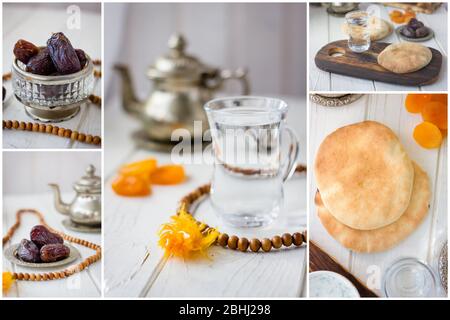 Ramadan-Collage. Bilderset von getrockneten Früchten und Wasser für iftar - Datteln und Brot Stockfoto