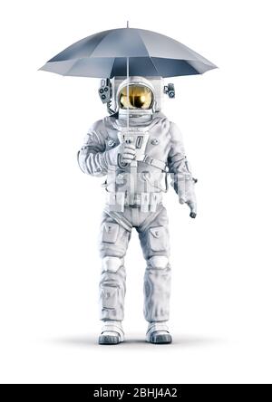 Astronaut mit Regenschirm / 3D-Abbildung des Raumanzugs trägt männliche Figur hält Regenschirm isoliert auf weißem Studio-Hintergrund Stockfoto