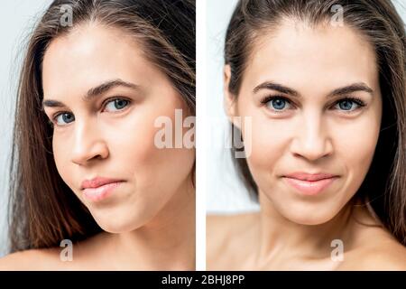 Porträt der Frau mit Vergleich ihrer Augen vor und nach Wimpernverlängerung. Stockfoto