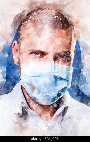 Digital Aquarell Malerei Nahaufnahme Porträt von kaukasischen zuversichtlich, männlichen Arzt Gesicht trägt blaue Maske Blick auf Kamera. Digital verändertes Foto Stockfoto