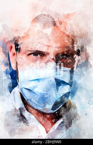 Digital Aquarell Malerei Nahaufnahme Porträt zuversichtlich, männlichen Arzt Gesicht tragen blaue Maske Schutzbrille, Blick auf Kamera. Digitale Kunst Stockfoto