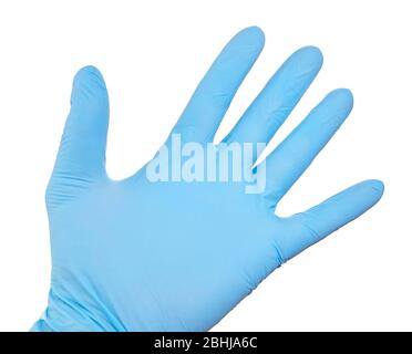 Handbewegung in blauen Handschuh isoliert auf weißem Hintergrund Stockfoto
