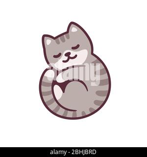 Nette Cartoon grau tabby Katze schlafen in gekräuselte Position. Entzückende kawaii Kitty Zeichnung. Isolierte Vektorgrafik Illustration. Stock Vektor