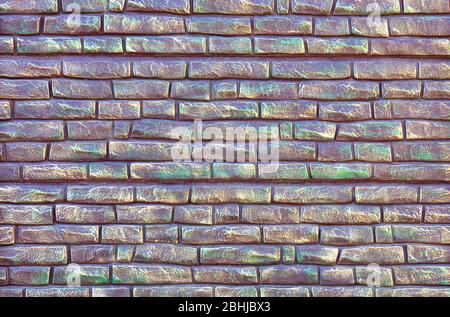 Der Ziegel-Zaun der dekorativen Ziegel verschiedener Größen ist mit lilakoje der Farbe mit den grünen Flecken bedeckt. Stockfoto