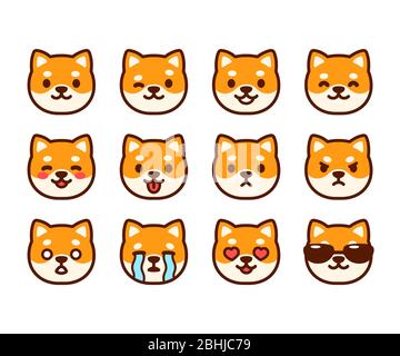 Set von niedlichen Shiba Inu Welpen Emoticons mit verschiedenen Ausdrücken. Lustige Hund Emoji Gesichter. Einfache Cartoon Vektor-Illustration. Stock Vektor