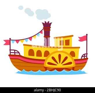 Helle Cartoon Retro Dampfschiff mit Seitenrad Paddel. Alte vintage Schiff Vektor-Illustration, niedlich und einfache Zeichnung. Stock Vektor