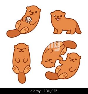 Niedlichen Cartoon Otter Zeichnung Set. Kawaii Otter hält Muschel, stehend, schlafend, Paar hält Hände. Lustige Tier Vektor Clip Art Illustration. Stock Vektor