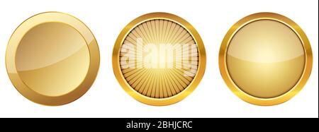 Set von goldenen 3D-Tasten. Vektorgrafik. Goldene glänzende Knöpfe auf weißem Hintergrund isoliert. Stock Vektor