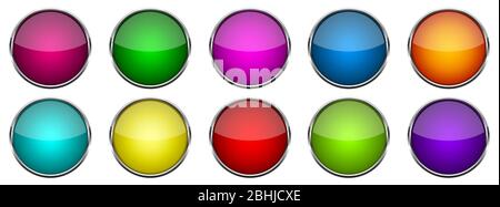 Satz von runden 3D-Tasten. Vektorgrafik. Helle glänzende Tasten auf weißem Hintergrund isoliert. Stock Vektor
