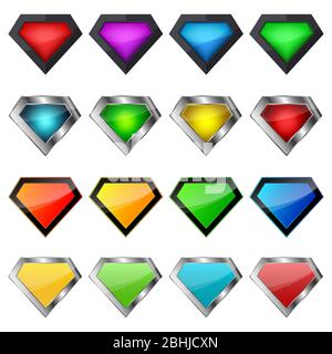 Set von 3D Diamanten. Vektorgrafik. Diamantförmige Symbole isoliert. Leuchtende, glänzende Kristallsymbole Stock Vektor