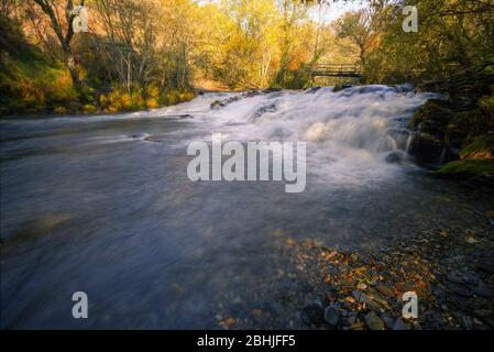 Wasserfall über einem alten handwerklichen Damm unter einer Holzbrücke im Courel Mountain Range Geopark Stockfoto