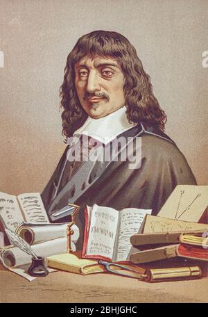 René Descartes (31. März 1596 – 11. Februar 1650) war ein französischer Philosoph, Mathematiker und Wissenschaftler. Aus dem Buch La ciencia y sus hombres : vidas de los sabios ilustres desde la antigüedad hasta el siglo XIX T. 2 [Wissenschaft und ihre Männer: Leben der illustren Weisen von der Antike bis zum 19. Jahrhundert Vol 2] von von Figuier, Louis, (1819-1894); Casabó y Pagés, Pelegrín, n. 1831 Veröffentlicht in Barcelona von D. Jaime Seix, Herausgeber, 1879 (Imprenta de Baseda y Giró) Stockfoto