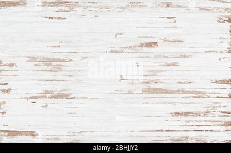 Weißer, rustikaler Holz-Textur-Hintergrund. Draufsicht Hintergrund von hellen rostigen Holzbohlen. Grunge aus verwittertem bemaltem Holzbohlen. Stockfoto