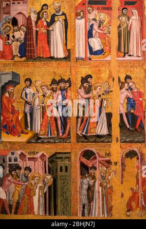 Gotische mittelalterliche Kunst im Nationalen Kunstmuseum von Katalonien, Barcelona.Meister von Estopanyà (italienischer Maler), Altarbild von San Vicente (1350-1370). Stockfoto