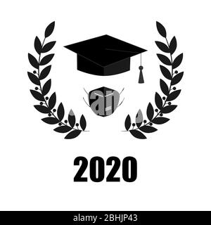 2020 Quarantäne extreme Graduierung Partei. Hut, Atemgerät und Lorbeerkranz. Konzept zur Gestaltung einer Grußkarte, eines Logos, eines Flyers, eines T-Shirts Stock Vektor