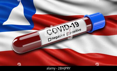 Flagge von Bahia winkt im Wind mit einem positiven Covid-19 Blutprobe Rohr. 3D-Illustrationskonzept für Blutuntersuchungen zur Diagnose der neuen Corona V Stockfoto