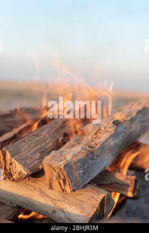 Ein Outdoor Hintergrund Nahaufnahme eines Lagerfeuers mit warmen brennenden Holzbrennholz mit lodernden und glühenden roten und orangefarbenen Flammen Stockfoto