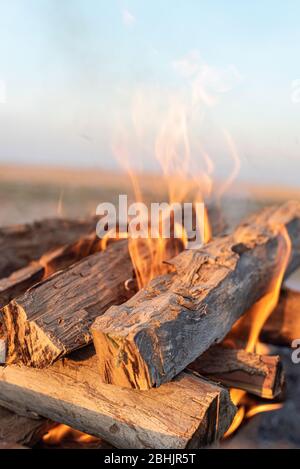 Ein Nahaufnahme Bild von einem warmen Lagerfeuer im Freien mit brennendem Holz, heißem Rauch und glühender glühender Glut in rot-orange-roter Flamme Stockfoto