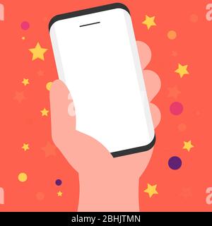 Hand halten Smart Handy auf orange Stern Muster Hintergrund, Vektor-Illustration Stock Vektor