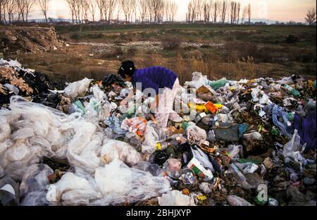 Roma-Frau, die unter schlechten Bedingungen auf der Deponie Vardarishte am Fluss Vardar in Skopje, Mazedonien, lebt. Roma-Familien leben unter schlechten Bedingungen in Baracken, die sie neben der Müllkippe der Stadt gebaut haben, und suchen oft nach wertvollen Gegenständen im Müll. Stockfoto