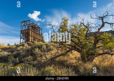 Die Pioche Aerial Tramway transportierte Silbererz aus den Minen in den 1920er und 1930er Jahren zur Godbe Mill in Pioche, Nevada, USA Stockfoto