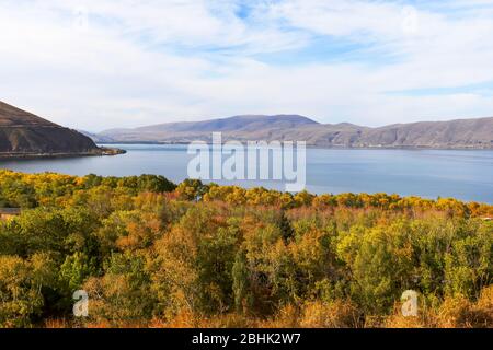 Sevan See in Armenien mit schönen Bäumen in Herbstfarben. Alpensee mit Bergen im Kaukasus. Beliebtes armenisches Reiseziel. Stockfoto