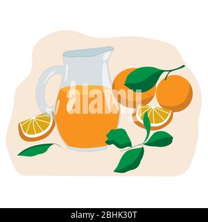 Set aus Orangen, Hälften und Krug mit Orangensaft auf einem rosa Hintergrund. Für die Gestaltung von Postkarten, Schilder, Drucken auf Notizbüchern, Taschen, Verpackungen Stock Vektor