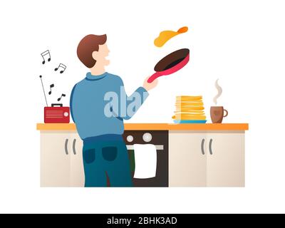 Mann Backen Pfannkuchen Vektor Cartoon Charakter. Kerl, der Abendessen isoliert auf weiß. Männlich Koch Kochen in der Küche Vektor-Illustration in flachem Stil Stock Vektor