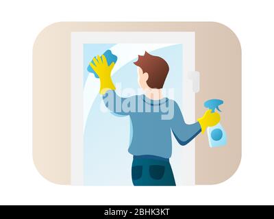 Symbol für die flache Fensterreinigung. Guy tun Aufgaben Vektor Illustration. Männlich Waschen Glas Cartoon Charakter, isoliert auf weiß. Bleib zu Hause Stock Vektor