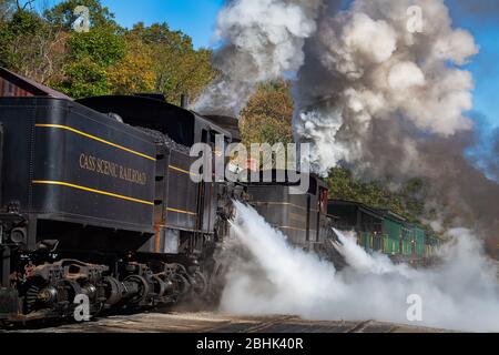 Die große Dampfmaschine im Cass Scenic Railroad State Park in West Virginia gibt große Dampfwolken in die Luft ab, bevor sie aus dem Stat abfährt Stockfoto