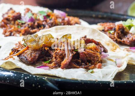 Carnitas Tacos mit roten Zwiebeln und roher grüner Salsa Stockfoto