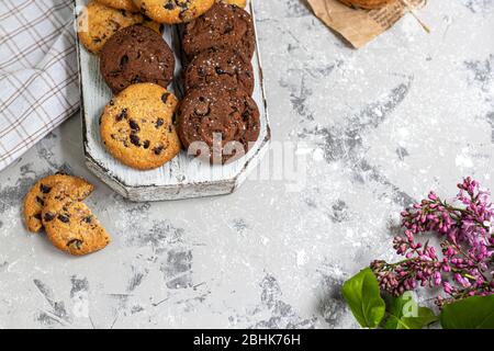 Chocolate Chip Cookies. Hausgemachtes Backen. Runde Form, nicht groß. Auf hellgrauem Hintergrund. Kopierbereich Stockfoto