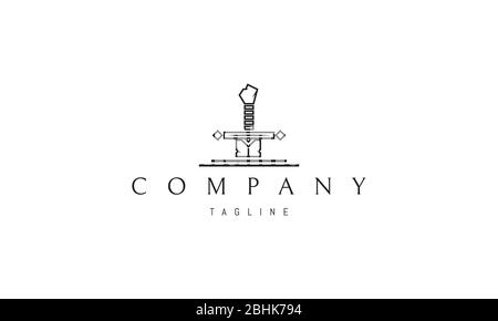 Vektor-Logo auf dem das abstrakte Bild des Schwertes von König Arthur in einem linearen Stil. Stock Vektor