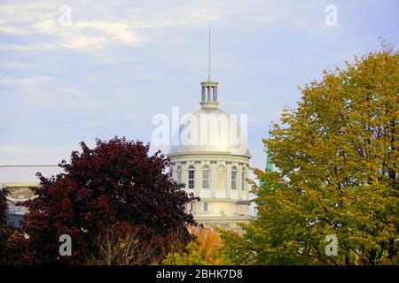 Old Montreal, Kanada - 25. Oktober 2019 - der Blick auf die Außenkuppel des Marktes Bonsecours, umgeben von markanten Farben aus Herbstlaub Stockfoto