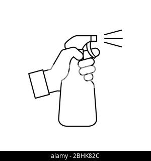 Hand hält ein Symbol für die Sprühflasche. Reinigung, Desinfektion Konzept. Antiseptische Flüssigkeit zur Vorbeugung von Corona-Viren. Spender für Alkoholdesinfektionsmittel. Stock Vektor