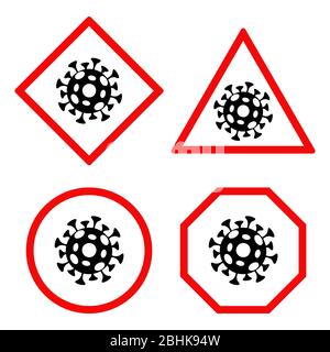 Coronavirus Covid-19 Zellen in roten Straßen-Icons Vektor flache Illustration. Stoppen Sie das 2019-ncov-Virus-Logo-Konzept. Gesundheitsversorgung, Quarantäne und Selbstisolierung während der weltweiten Pandemie der China Influenza. Stock Vektor
