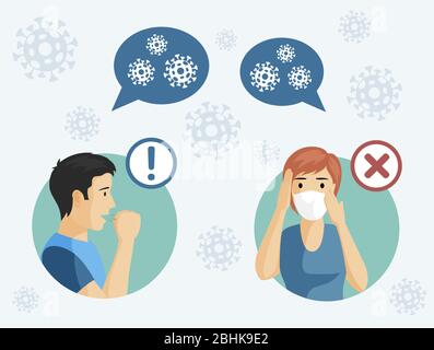 Coronavirus Covid-19 Symptome Vektor flache Abbildung. Mann und Frau erkrankten an Coronavirus. Wenn Sie Husten, Halsschmerzen und Temperaturanstieg haben, dann rufen Sie den Arzt. Stock Vektor