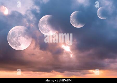 Schritte der Mondfinsternis, Mondfinsternis während des Sonnenaufgangs, Hintergrund Stockfoto