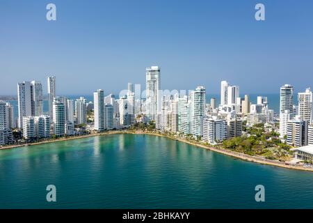 Luftaufnahme des Bocagrande Distrikts in Cartagena, Kolumbien Stockfoto