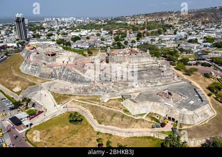 Luftaufnahme der Burg San Felipe de Barajas, Cartagena Kolumbien Stockfoto