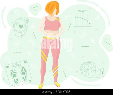 Vektor-Illustration eines Kaugummis, das Gewicht zu verlieren. Das Mädchen misst die Größe der Taille. Richtige Ernährung und Gewichtsverlust. Stock Vektor