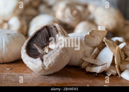 Schälen von frischen Champignonpilzen auf einem Holzbrett. Seitenansicht. Nahaufnahme. Hintergrund der Speisen. Pilze bereit zum Kochen. Stockfoto