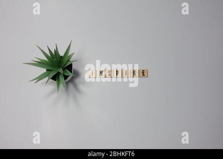 Das Wort Inspire in Holzbuchstaben Fliesen auf weißem Hintergrund geschrieben. Konzeptgeschäft, Kreativität und Motivation. Stockfoto