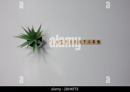 Das Wort Inspiration geschrieben in hölzernen Buchstabenfliesen auf weißem Hintergrund. Konzeptgeschäft, Kreativität und Motivation. Stockfoto