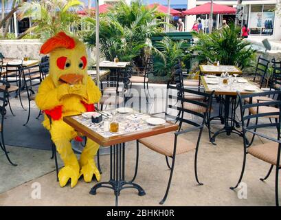 Person in Hühnerkostüm beim Essen eines Sandwiches auf Lincoln Rd., Miami, Florida, USA Stockfoto