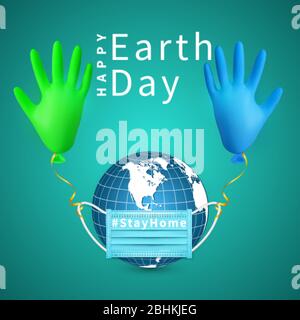 Alles Gute Zum Earth Day. Erdkugel in medizinischer Gesichtsmaske und Glanz Helium Ballon aus medizinischem Latex Handschuh. Vektorgrafik. Stock Vektor