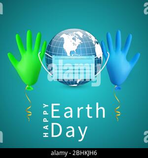 Alles Gute Zum Earth Day. Erdkugel in medizinischer Gesichtsmaske und Glanz Helium Ballon aus medizinischem Latex Handschuh. Vektorgrafik. Stock Vektor