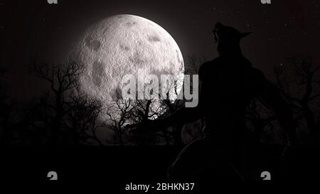 Illustration eines Werwolf während des Vollmondes im gruseligen Wald - 3d-Rendering Stockfoto