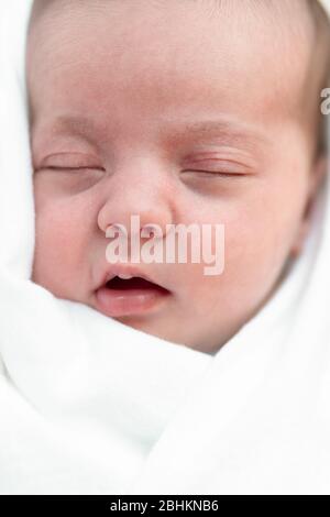 Kindheit, Kindheit, Familie, Pflege, Medizin, Schlaf, Gesundheitskonzept - Porträt des Neugeborenen Baby in Windel, weißem Hintergrund, Kopie spase, Mock up gewickelt Stockfoto